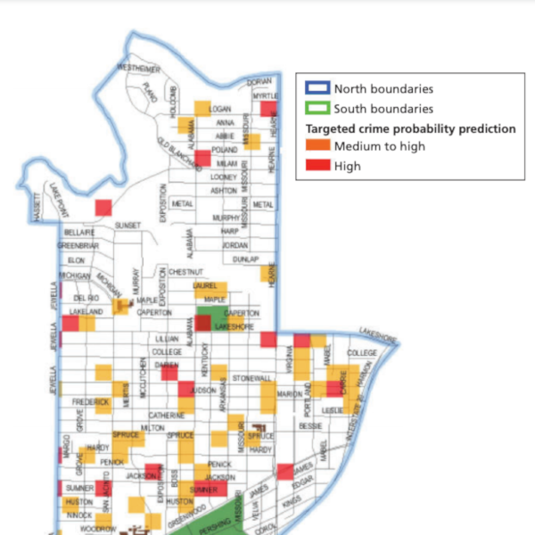 A map of Shreveport with various blocks highlighted based on crime forecasting
