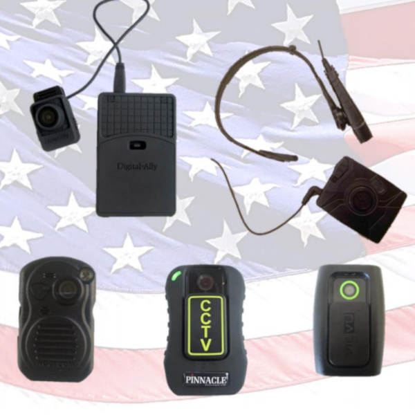 A collection of different brands of body worn cameras with a United States flag in the background