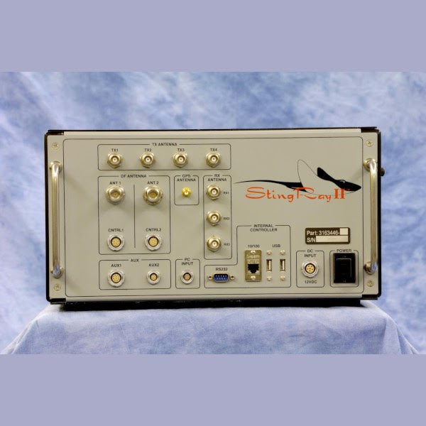 Control panel of a Stingray cell-site simulator, showing inputs and power switch