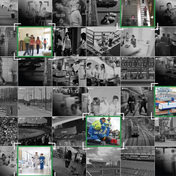 Screenshot of  video surveillance software showing 30 camera views with 3 views highlighted