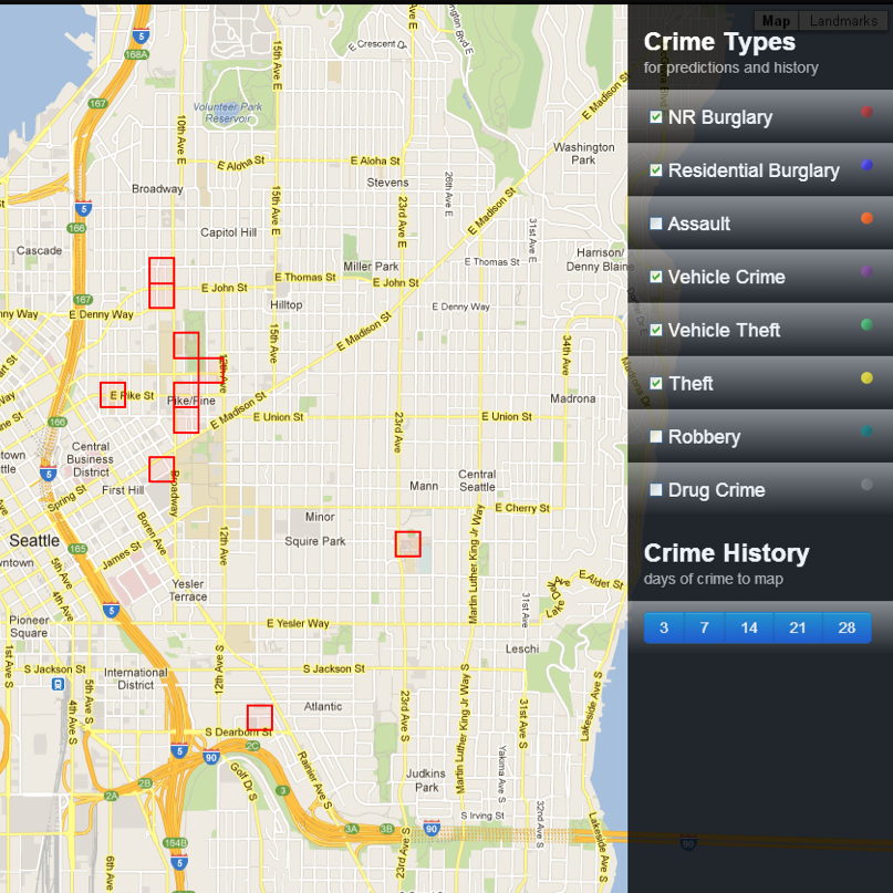 A map of Seattle with red boxes indicated where burglaries may occur.